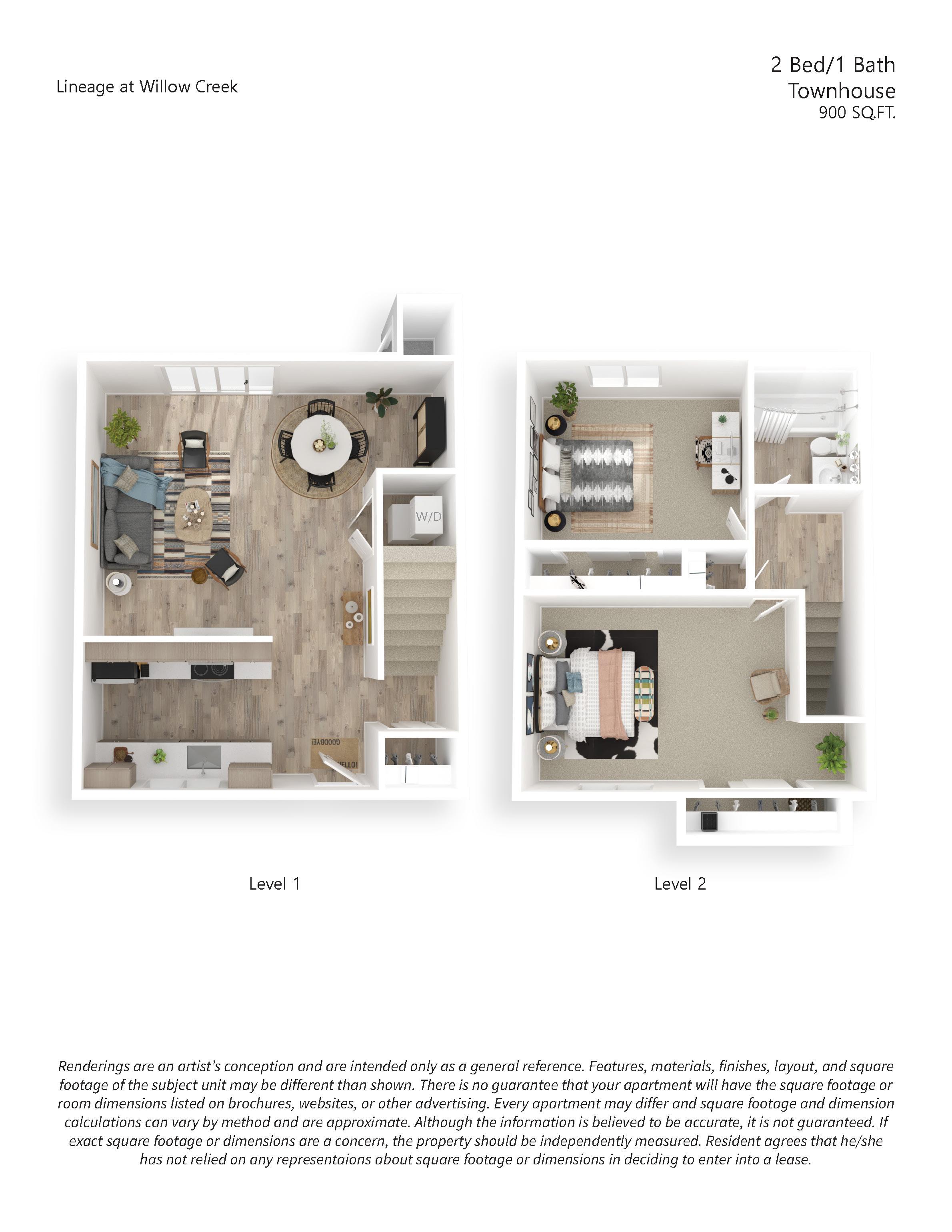 Floor plan for 2 beds, 1 bath, 900 sqft